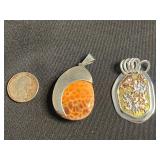 Sterling Silver Pendants - Orange Jasper Cabochon & Gold-Copper Mosaic (Lot of 2) - quarter pictured for sizing
