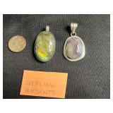 Sterling Silver Oval Pendants - Labradorite & Pink Agate (Lot of 2) - quarter pictured for sizing
