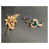 Coro Sterling Floral Burst Brooch & Truart Sterling Crescent Gem Brooch (missing stone)