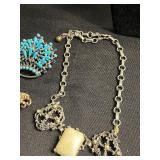 Vintage Jewelry Collection: Rhinestone Necklace, Turquoise & Crystal Brooches, Pins - all missing stones or back pins