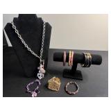 Lot of Bracelets Inc Amethyst Chip Bracelet and Silver Tone Necklace w Charms