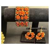 Matching Gold-Tone Coral Floral Bracelet (missing stone) & Earrings AND Matching Necklace & Bracelet w Large Iridescent Crystals & More!