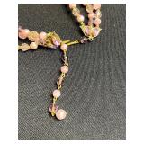 Pink Bead Multi-Strand Necklace with Faux Pearls, Mickey & Minnie Clips, Virgin Mary Charms & Mixed Earrings