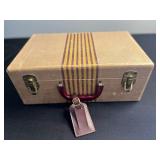 Vintage Travel Jewelry Box - Striped Fabric Exterior, Burgundy Handle, Leather Tag