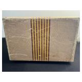 Vintage Travel Jewelry Box - Striped Fabric Exterior, Burgundy Handle, Leather Tag