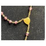 Gold-Tone Rosary Necklace with Pink Beads, Heart Charm & Crucifix Pendant