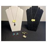 Turquoise Drop Pendant Necklace Set, Opal Like Pendant on 14K GF Chain; Plus Turquoise Turtle Earrings