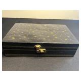 Vintage Black Jewelry Box - Star Pattern Top, Red Velvet Interior & Mirror