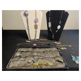 Assorted Trendy Necklaces & Pendants - Agate Slices, Enamel Tiles, Beads in a Display Case
