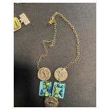 Assorted Trendy Necklaces & Pendants - Agate Slices, Enamel Tiles, Beads in a Display Case