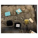 Assorted Trendy Necklaces & Pendants - Agate Slices, Enamel Tiles, Beads in a Display Case