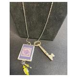 Vintage Key & Charm Necklaces Set with Purple Stamp Pendant & Tassels in Display Case