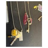 Vintage Key & Charm Necklaces Set with Purple Stamp Pendant & Tassels in Display Case