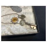 Vintage Key & Charm Necklaces Set with Purple Stamp Pendant & Tassels in Display Case