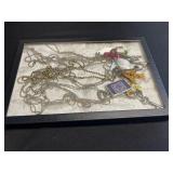 Vintage Key & Charm Necklaces Set with Purple Stamp Pendant & Tassels in Display Case