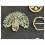 Vintage Stamp Pendant Necklaces & Rhinestone Brooches in Display Case - brooches missing stones or pins