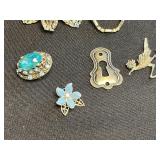 Vintage Stamp Pendant Necklaces & Rhinestone Brooches in Display Case - brooches missing stones or pins