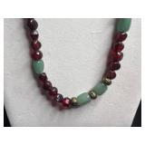 Three-Piece Necklace Set - Garnet Red & Mint Bead Necklace, White Bone Collar, Brown Bead Chain, Giraffe Pin