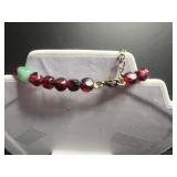 Three-Piece Necklace Set - Garnet Red & Mint Bead Necklace, White Bone Collar, Brown Bead Chain, Giraffe Pin