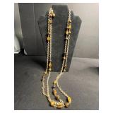 Three-Piece Necklace Set - Garnet Red & Mint Bead Necklace, White Bone Collar, Brown Bead Chain, Giraffe Pin