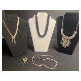 B. David Jewelry Pins w Gold-Tone Chain Necklace, Black Bead Necklace, Ornate Silver Fringe Necklace