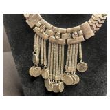 B. David Jewelry Pins w Gold-Tone Chain Necklace, Black Bead Necklace, Ornate Silver Fringe Necklace