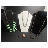 Emerald Green Glass Bead Necklace Set with Amber Bead Necklace and Bakelite Leaf Clip & Deer Pin