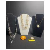 Vintage Jewelry Set: Mother-of-Pearl Pin, Rose Pendant Necklace, Amber Bead Necklace