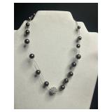 Jewelry Lot: 3 Necklaces - Rhinestone, Pearl w Gold Beads (unverified), Black Pearl (unverified), VTG Monet Pendant, Floral Pin