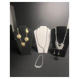 Necklace Set - Gold Disc VCLM Necklace, Dreamcatcher Necklace, Faux Pearl Necklace w Matching Earrings, Rhinestone Necklace