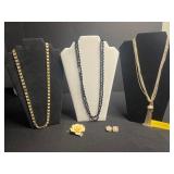 Sarah Coventry Gold-Tone Tassel Necklace, Black Bead Necklaces, Yellow Rose Cruver Chicago Brooch, Crystal Flower Earrings