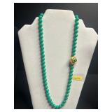 VTG Green Stone Knotted Bead Necklace with Gold Floral Pendant, Earrings & Gold Chain Necklace