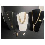 Gold-Tone Necklace Set with Monet Tassel Pendant, VTG Pins, Gold Tone Cross & Bulky Chain Necklaces