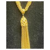Gold-Tone Necklace Set with Monet Tassel Pendant, VTG Pins, Gold Tone Cross & Bulky Chain Necklaces