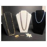 Assorted Necklaces & Jewelry: 3 Distinct Necklaces & Floral Brooch & Pins