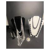 Black Bead Necklaces Set with Layered Silver Tone Chains & Dangling Earrings