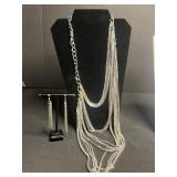 Black Bead Necklaces Set with Layered Silver Tone Chains & Dangling Earrings
