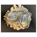 Sunburst Fossil Fragments in Beige Sandstone Inc Moose Picture Buckle, Unknown Tooth & Moose Antler