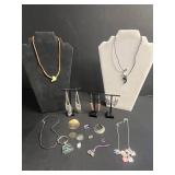 Assorted Costume Jewelry Lot - Avon Cameo Pendant, Orange Bead Necklace, Filigree Earrings