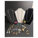 Tiger Eye Pendant & Assorted Costume Jewelry Lot: Silver Chains, Enamel Pendants & Colorful Earrings