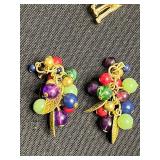 Vintage Costume Jewelry Set - Necklace w Religious Madonna & Pearl, Dragonfly, Animal Charm & Turquoise Bead Earrings