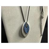 Leaf Pendant Necklace with Blue Enamel - Silver-Tone Leaf Overlay on Black Cord & Assorted SINGLE Earrings