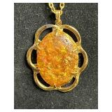 Amber Pendant Necklace on Gold Chain and Assortment of Pendants (Lot of 4)
