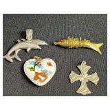 Amber Pendant Necklace on Gold Chain and Assortment of Pendants (Lot of 4)