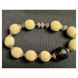 Double-Strand Pearl Bead Bracelet (unauthenticated) & Cream Textured Bead Stretch Bracelet with Black Faceted Accent
