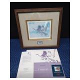 Framed, signed and numbered 1987 Wildlife Habitat print and stamp "On the Wing-Canada Geese" by George McLean with papers 11,102/16,000