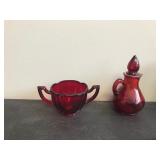 Lot of Collectible Ruby Red Glassware - Footed Bowl - Mugs - Plates - Sugar Bowl - Perfume Bottle