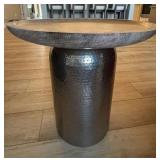 Modern Hammered Metal & Wood Accent Side Table 20in Round Good