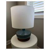 West Elm Ceramic Table Lamp Blue Wood Base White Drum Shade