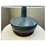 West Elm Ceramic Table Lamp Blue Wood Base White Drum Shade